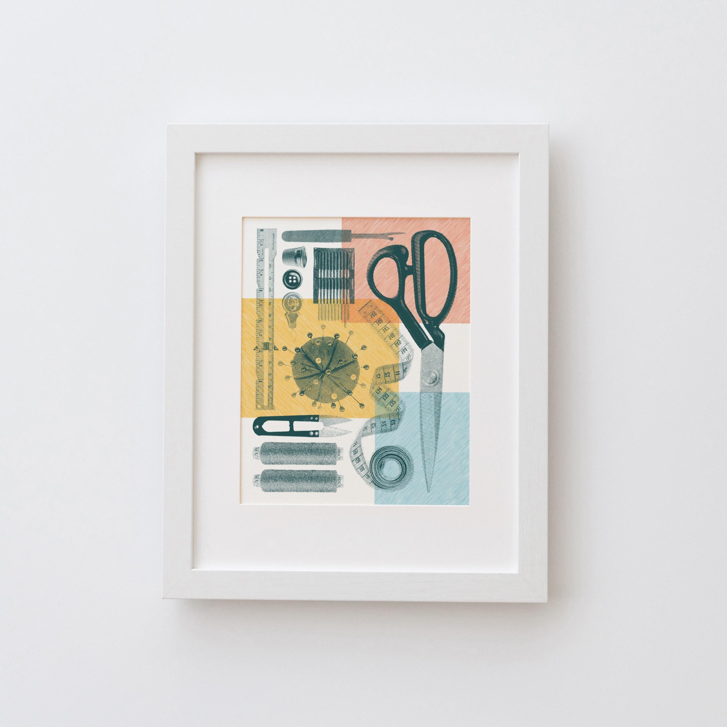 Sewing Flatlay Wall Art Print - Vintage poster design, archival quality matte fine art print. Risograph sewing print, Craft hobby gift.
