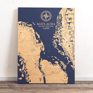 Kaart Matlacha, Florida | Gegraveerd houten kustmuurkunstbord, strandhuis woondecoratie print nautisch leven, uniek gepersonaliseerd familiecadeau