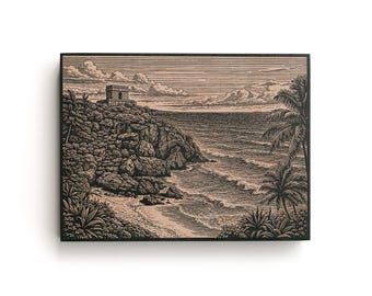 Tulum Beach Engraved Birch Art Panel | Mexico Ruins Wall Art, Coastal Travel Decor, Tropical Wood Art
