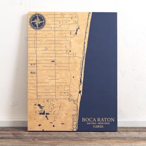Kaart van Boca Raton, Florida | Gegraveerd houten bord kustmuur, huisdecor strandhuis nautische print, uniek gepersonaliseerd familiecadeau