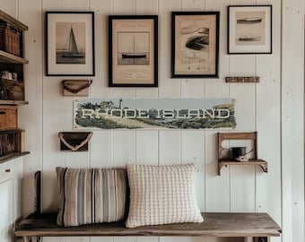 Baner filcowy Rhode Island | Proporczyk Ocean State w stylu vintage, dekoracja ścienna z latarnią morską, akcent w stylu Nowej Anglii, prezent wyprodukowany w USA