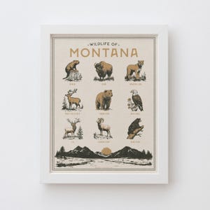 Montana Wildlife Wall Art Print - Vintage animal poster design, archival quality matte fine art print. Outdoor, wilderness state gift.