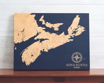 Nova Scotia, Canada Map | Engraved Wood Coastal Chart Wall Art Sign Cottage Home Decor Nautical Beach Print, Unique Personalized Family Gift