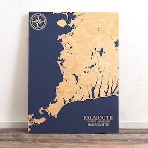 Falmouth, Massachusetts Karte | "Graviertes Holz Küstenkarte Wand Kunst Zeichen, Strand Wohnkultur nautischen Druck, einzigartiges personalisiertes Geschenk für die Familie