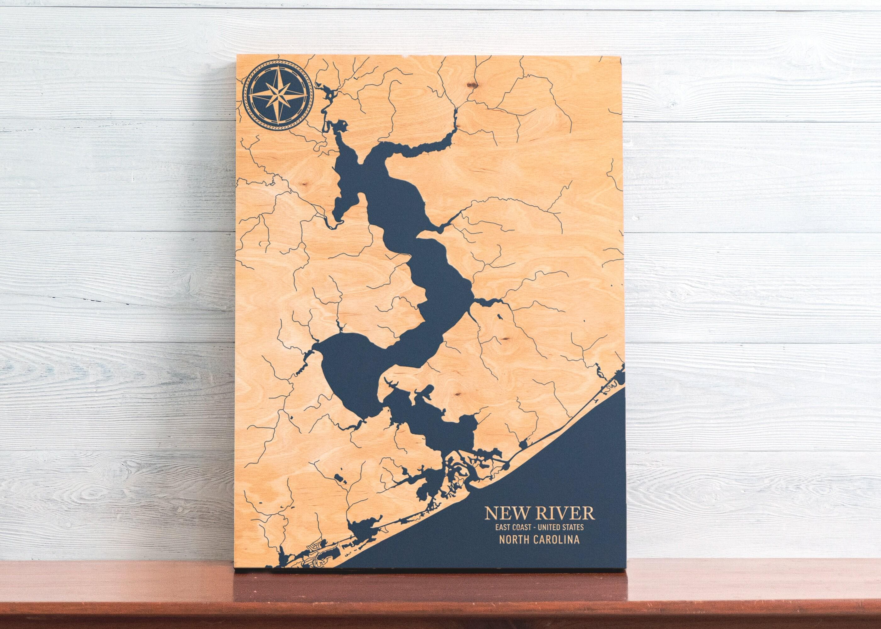 New River, North Carolina Map | Engraved Wood Coastal Chart Wall Art Sign, Beach Home Decor Nautical Print, Unique Personalized Family Gift
