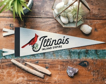 Illinois Felt Pennant | Inland Empire State banner poster. Vintage typography Cardinal flag pennant home decor. USA Handmade