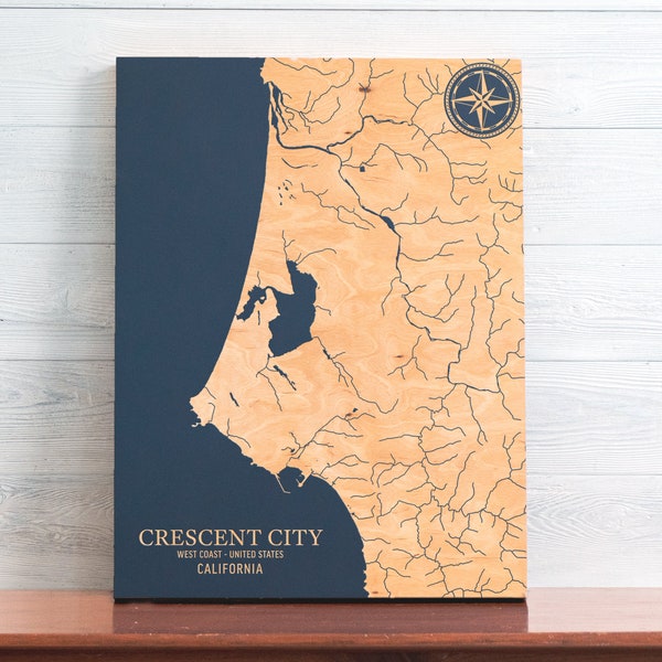 Crescent City, California Map | Engraved Wood Coastal Art Sign, Beach House Home Decor Wall Hanging Nautical Print, Unique Personalized Gift