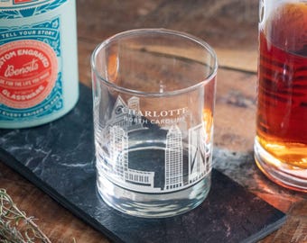Charlotte, North Carolina Skyline Engraved Glass | Hometown Pride Glassware, Whiskey Rocks Wine & Beer Barware, Travel Special Trip Gift