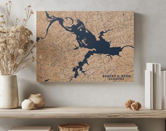 Robert S Kerr Reservoir Oklahoma  Personalized Engraved Wood Map, Custom Lake House Wall Art Gift