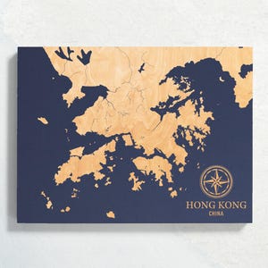 Mapa de Hong Kong, China / Letrero de pared con carta costera de madera grabada, decoración del hogar, impresión de vida náutica, regalo familiar personalizado único para expatriados