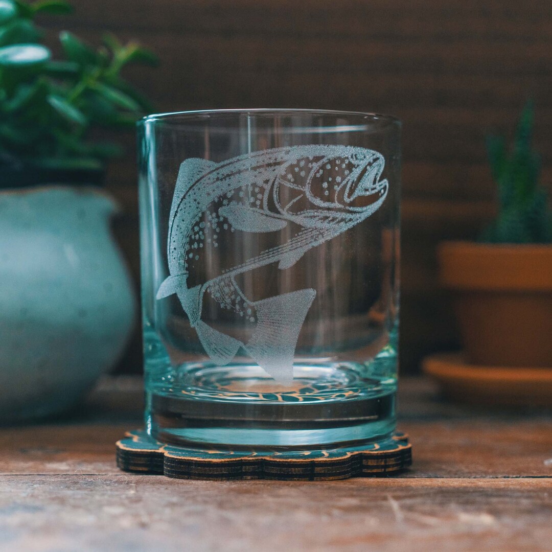 Trout Etched Old Fashioned Glasses Personalized Glassware for Cocktail
