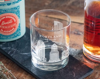 Portland, Oregon City Skyline Engraved Glasses | Hometown Pride Glassware, Whiskey Rocks Wine & Beer Barware, Travel Special Trip Gift