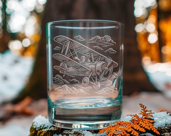 Biplane Glasses | Airplane Themed Personalized Whiskey, Wine & Beer Glassware, Aviator Drinkware, Gift for Pilot, Plane Theme Bar Home Decor