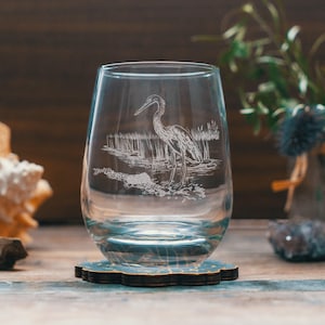 Egret Glasses | Personalized Engraved Beer, Cocktail, Whiskey, Wine glassware. Nature & birder gift. Coastal Beach House barware home decor.