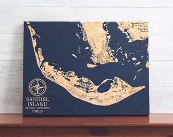 Sanibel Island, Florida Map | Engraved Wood Coastal Art Sign, Beach House Home Decor Wall Hanging Nautical Print, Unique Personalized Gift