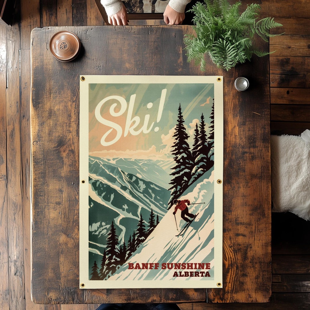 Ski Banff Sunshine Alberta Canada Felt Poster Banner Teal Vintage Ski ...
