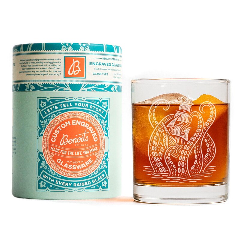 Kraken Glasses | Laser Etched Nautical Barware, Engraved Gift for Ocean Lovers & Maritime Home Decor Old Fashioned