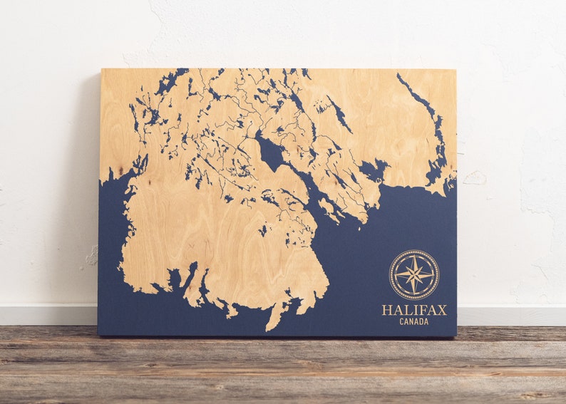 Halifax, Canada Map Engraved Wood Coastal Chart Wall Art Sign, Cottage Decor Nautical Beach Home Print, Unique Personalized Family Gift Midnight Blue w/o Personalization