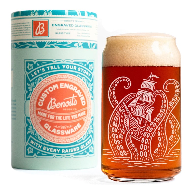 Kraken Glasses | Laser Etched Nautical Barware, Engraved Gift for Ocean Lovers & Maritime Home Decor Beer Can