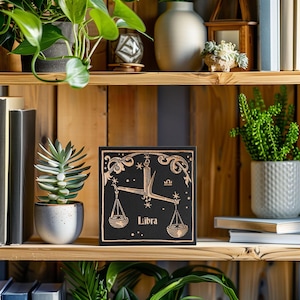 Libra Zodiac Engraved Birch Wood Panel | Block Print Style Wall Art, Astrology Sign Illustration, Astrological Decor Gift