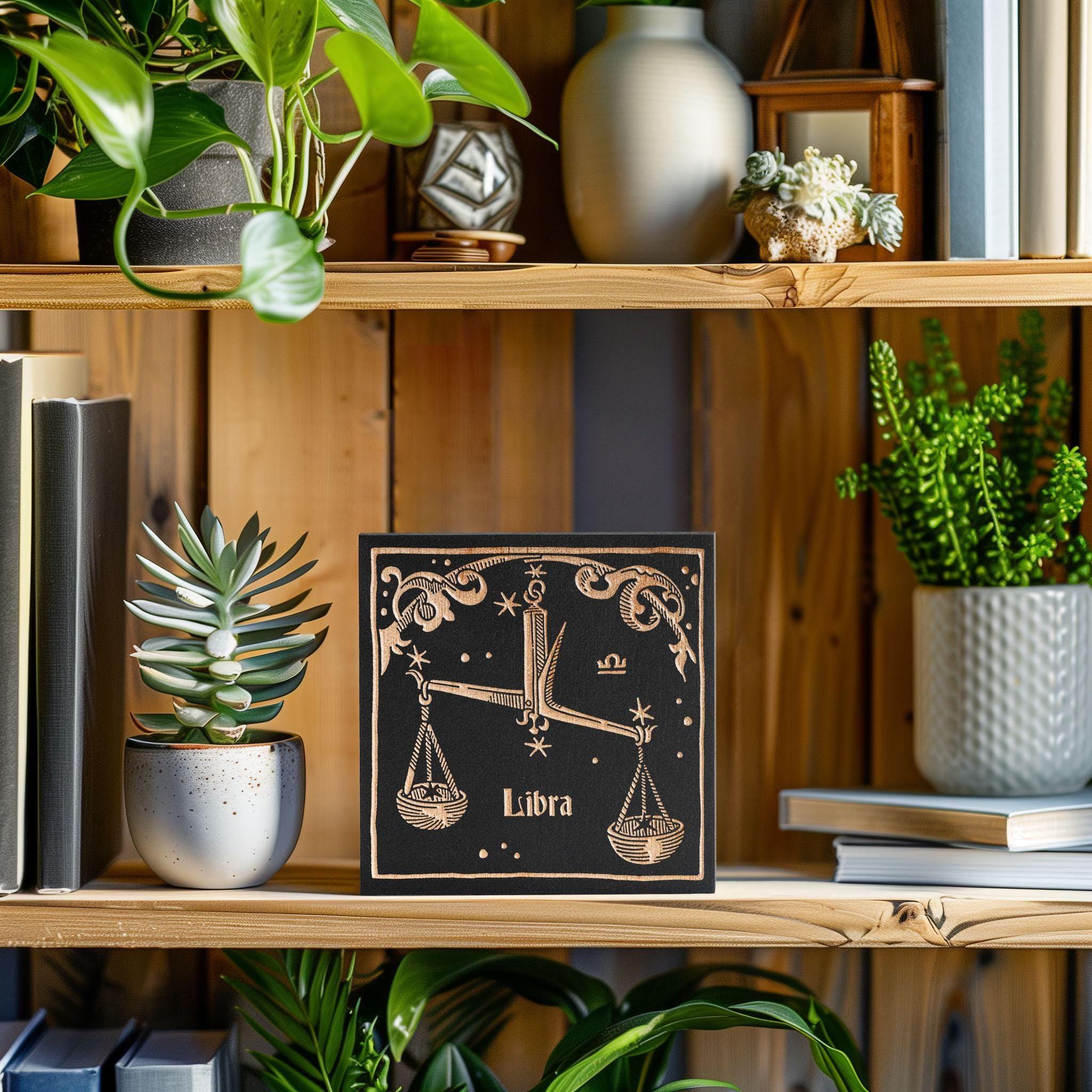 Libra Zodiac Engraved Birch Wood Panel | Block Print Style Wall Art, Astrology Sign Illustration, Astrological Decor Gift