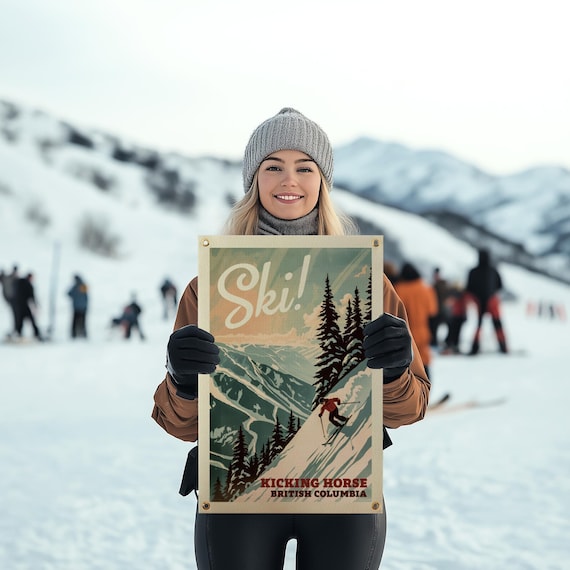 Ski Kicking Horse British Columbia Felt Poster Banner | Teal