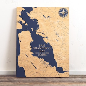 Mappa della baia di San Francisco, California / Cartello da parete in legno inciso con motivo costiero, decorazione per la casa sulla spiaggia, stampa nautica, regalo personalizzato unico