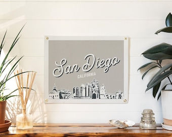 San Diego, California Felt Poster Banner | City skyline wall art print sign. Vintage city line drawing pennant home decor. Handmade gift
