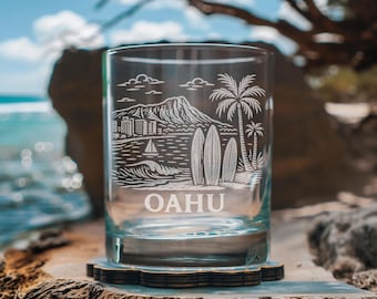 Oahu Hawaii Glass | Laser Etched Travel Glassware, Engraved Scenic Scene Gift for Hawaii Travelers