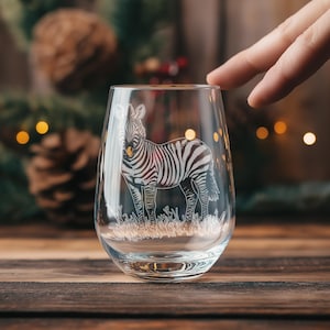 Zebra Glasses | Personalized Safari Whiskey, Wine & Beer Etched Glassware Gift, African Wildlife Themed Drinkware, Memorable Trip Gift.