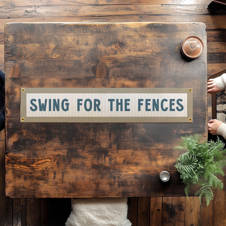 Swing For The Fences Felt Sign Banner | Vintage Baseball Banner, Inspirational Kids Room Decor, Sports Fan Wall Art Print. Player Coach Gift Tan Border Blue Text