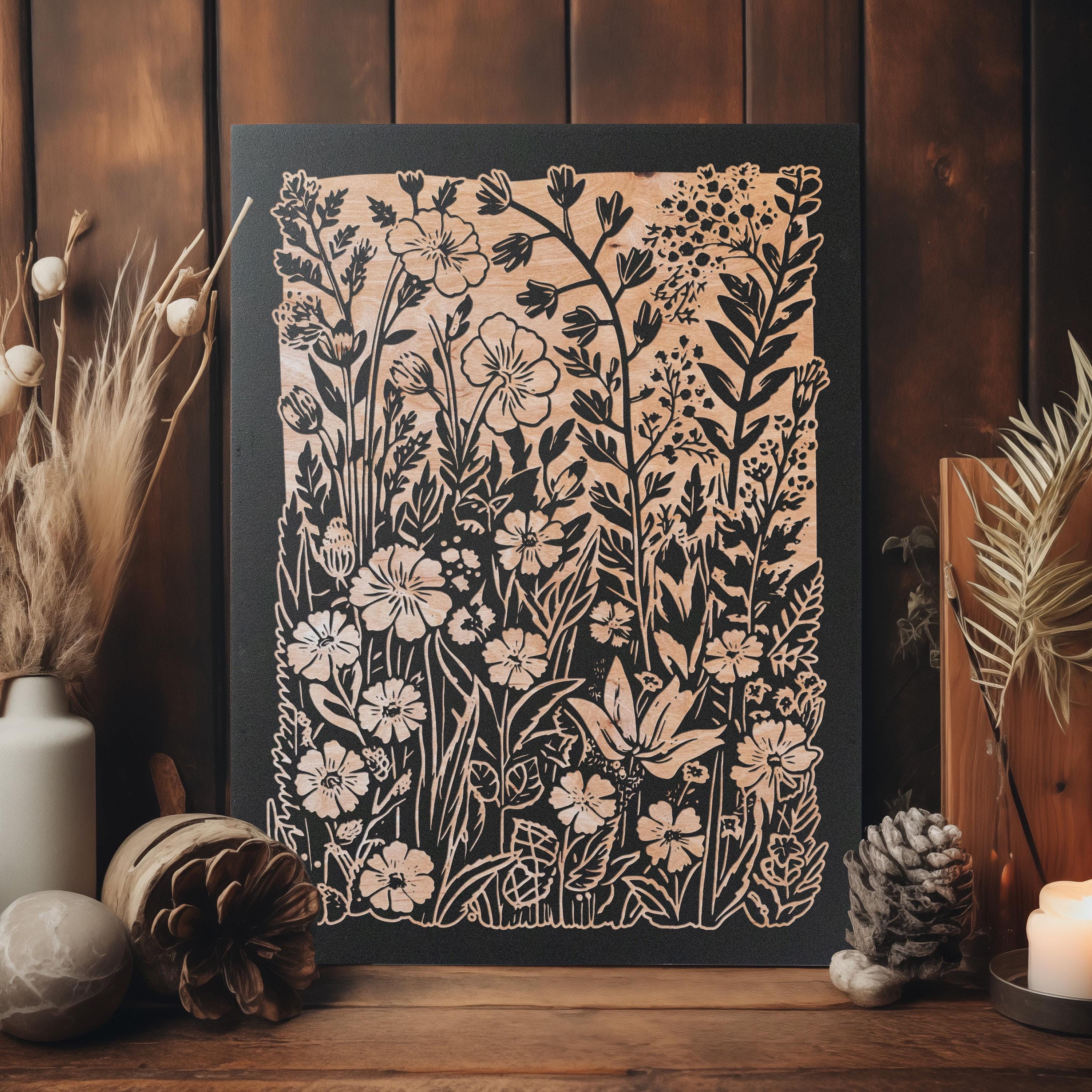 Garden Flowers Engraved Birch Wood Panel | Block Print Inspired