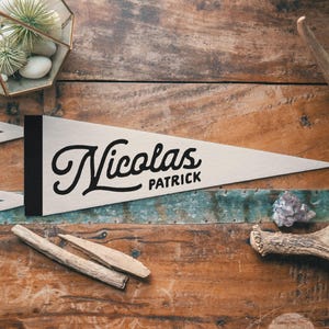Custom Heritage Name Sign Felt Pennant | Personalized Neutral vintage style banner flag, kids & Nursery Wall Art, Boys Girls home decor gift