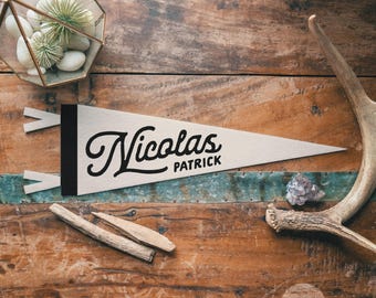 Custom Heritage Name Sign Felt Pennant | Personalized Neutral vintage style banner flag, kids & Nursery Wall Art, Boys Girls home decor gift
