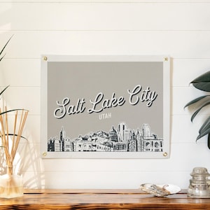 Salt Lake City, Utah Felt Poster Banner | City skyline wall art print sign. Vintage city line drawing pennant home decor. Handmade gift idea