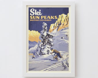 Sun Peaks British Columbia Art Print | Vintage Style Ski Poster Wall Art, Retro Mountain Souvenir Decor, Ski & Snowboard Travel Gift