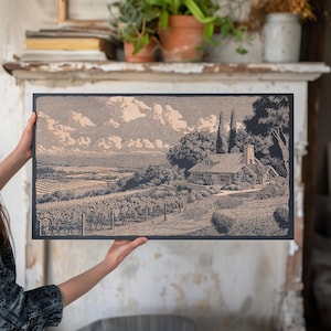 Arte mural de viñedos del valle de Sonoma / Región vinícola, ilustración de litografía grabada en madera, arte mural grande, impresión decorativa para el hogar de California