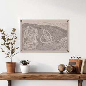 Loon New Hampshire Mountain Trail-kaart vilten posterbanner | Vintage ski-snowboard kunst aan de muur. Woondecoratie vlaggetje VS handgemaakt