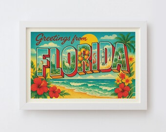 Florida Postcard Art Print | Greetings from Florida Vintage Style Wall Art Poster, Retro State Souvenir Decor, Americana Travel Gift