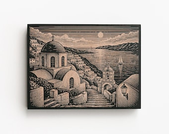Santorini Greece Engraved Birch Art Panel | Coastal Wall Art, Mediterranean Travel Decor, Greece Honeymoon Gift