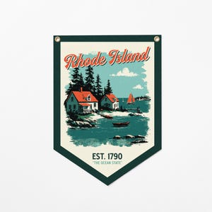 Bandiera da campeggio in feltro del Rhode Island / Stendardo vintage dello stato, decorazione murale a tema oceano, regalo per amanti della navigazione costiera, prodotto negli Stati Uniti.
