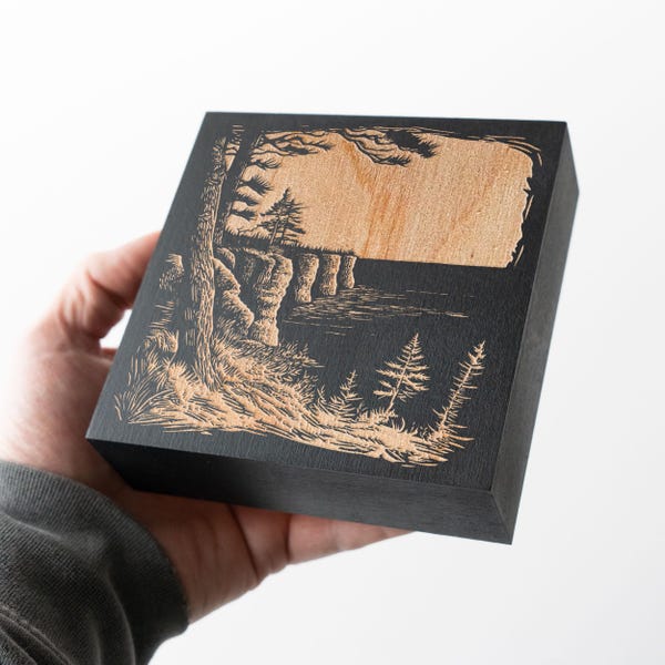 Michigan Pictured Rocks Engraved Birch Wood Panel | Linocut Block Print Wall Art, State Illustration, Folk Art Home Decor Gift
