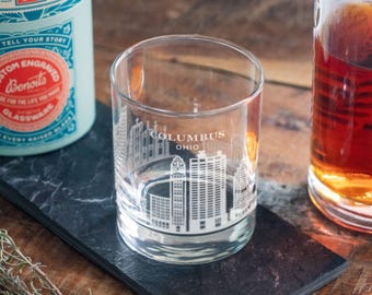 Columbus, Ohio City Skyline Engraved Glasses | Hometown Pride Glassware, Whiskey Rocks Wine & Beer Barware, Travel Special Trip Gift