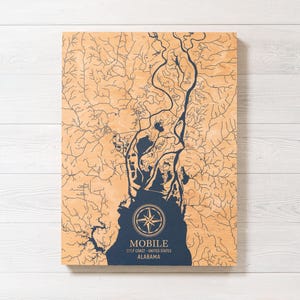 Mobiel (Alabama) kaart | Gegraveerd houten bord kustkunst, strandhuisdecoratie muur hangen, nautisch leven print, uniek gepersonaliseerd familiecadeau