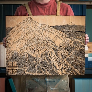 Mt Hood Meadows, Oregon Ski Loipe Karte | Gravierte Holzwandkunst, Wintersport-Kabinendekor, Snowboardberg, personalisiertes Familiengeschenk-Plakat