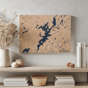 See Hopatcong New Jersey | Benutzerdefinierte See Karte Wohnkultur, personalisierte See Haus Geschenk, Jahrestag Hochzeitslager Geschenk, gravierte Holz Wandkunst