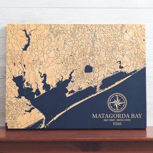 Mappa di Matagorda Bay, Texas / Carta costiera incisa su legno, decorazione da parete per casa al mare, stampa nautica, regalo unico e personalizzato per la famiglia.