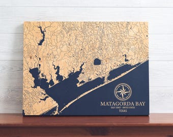 Matagorda Bay, Texas Map | Engraved Wood Coastal Chart Wall Art Sign, Beach House Home Decor Nautical Print, Unique Personalized Family Gift