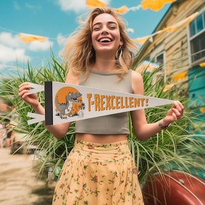 T-Rexcellent Felt Pennant | Vintage inspired Dinosaur Banner, Fun Kids Decor, Jurassic Tyrannosaurus Rex Wall Art, T-Rex Gift.