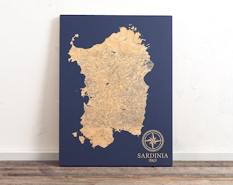 Sardinia, Italy Map | Engraved Wood Coastal Chart Wall Art Sign, Beach Home Decor Nautical Italian Print, Unique Personalized Family Gift
